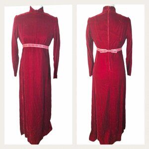 Vintage 1970s Red Velvet LS Empire Waist Maxi Dress Embroidered Waistband